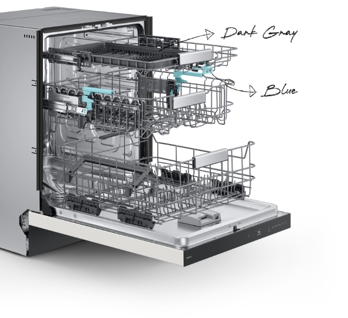 The interior view of an open 2025 BESPOKE AI Dishwasher. It features three baskets, with a ‘Dark Gray’ label on the gray section at the top and a ‘Blue’ label on the light blue section of the middle basket.